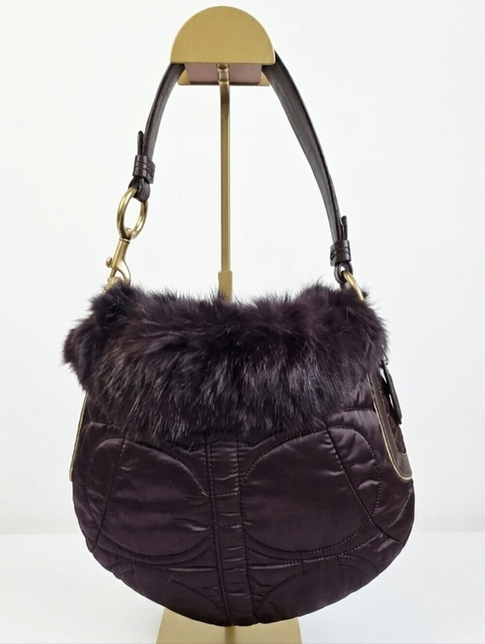 Coach Vintage SoHo Quilted Satin & Rabbit Fur Ski Hobo Bag Brown #3586 Like New - Picture 1 of 11